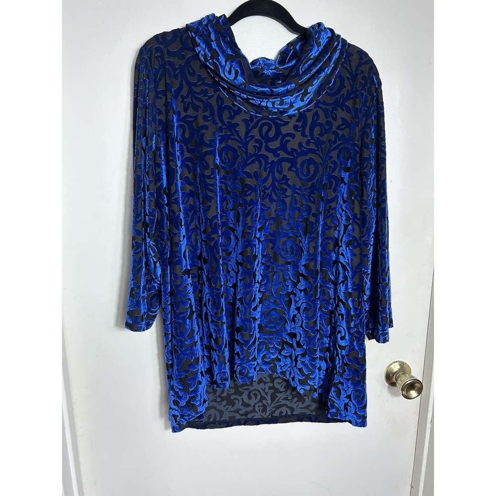 Ruby Rd. Woman 1X Blue Velvet Burnout Cowl Neck Tunic Top Scroll Floral